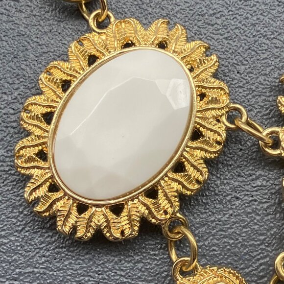 Gold White Statement Necklace 20 In Teardrop Rectangle Oval Charms Retro Vintage - Picture 7 of 11
